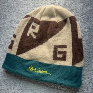 Robert Graham Mens Knit Beanie Hat Tan Brown Teal Logo Embroidered Winter Cap